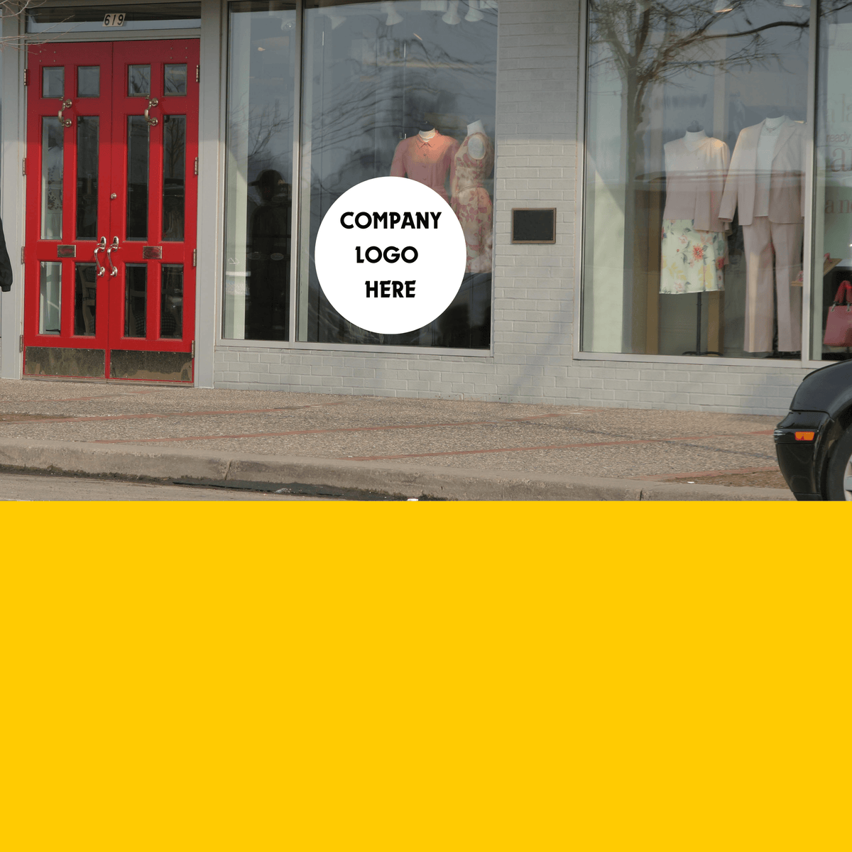 Storefront featuring a circular window decal with 'Company Logo Here' text.