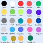 Color palette featuring 24 vinyl colors for custom decals, including black, red, green, purple, and more.
