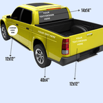 Custom decals layout illustration on a yellow truck showcasing various size options for personalization.