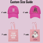Custom size guide for hats and tote bags showing design areas and dimensions in inches.