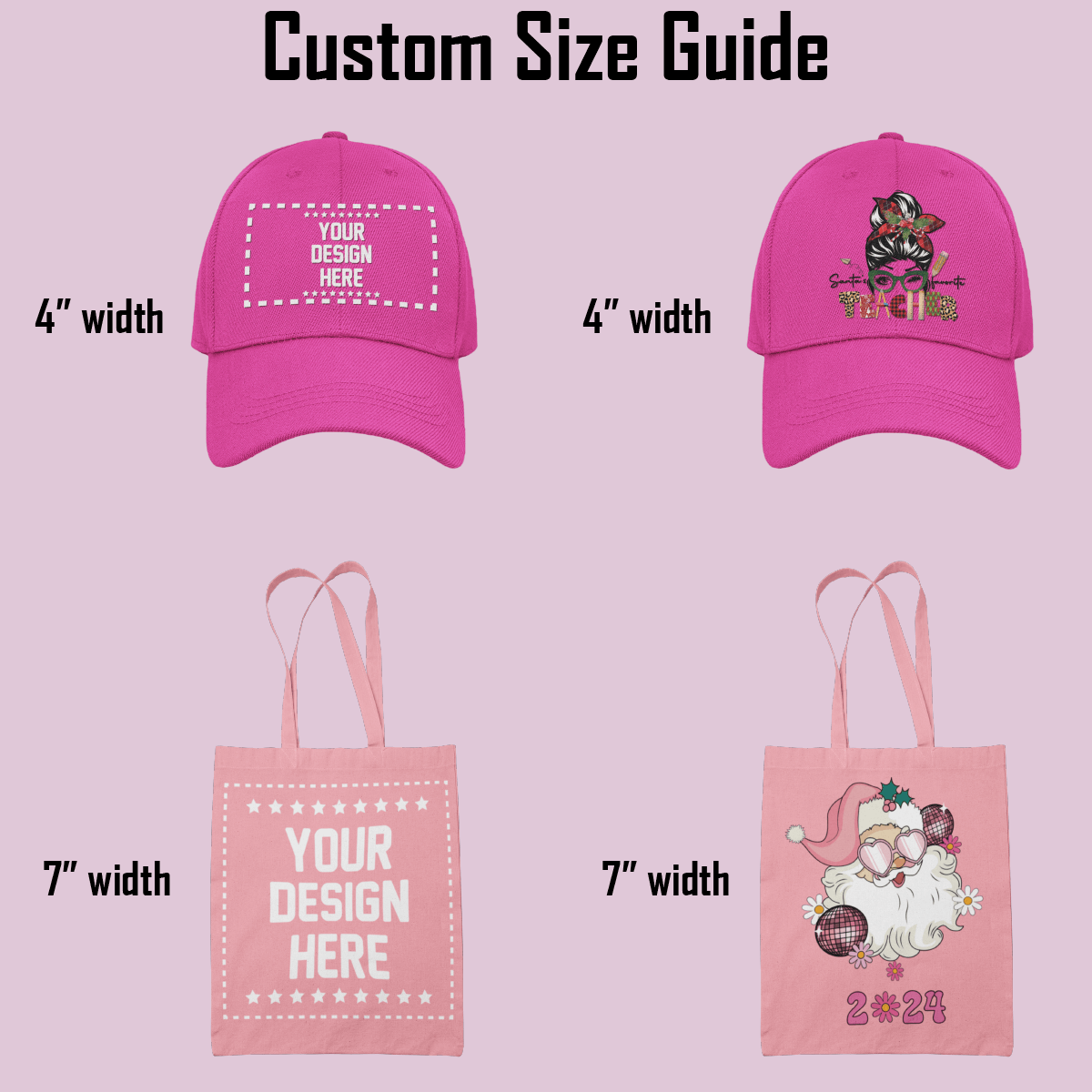 Custom size guide for hats and tote bags showing design areas and dimensions in inches.