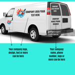 Custom decal mockup on a white van showcasing business logo and contact information placement options.