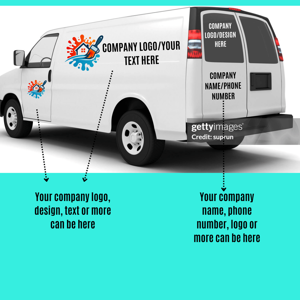 Custom decal mockup on a white van showcasing business logo and contact information placement options.