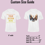 Custom size guide for t-shirts with design dimensions and width specifications.
