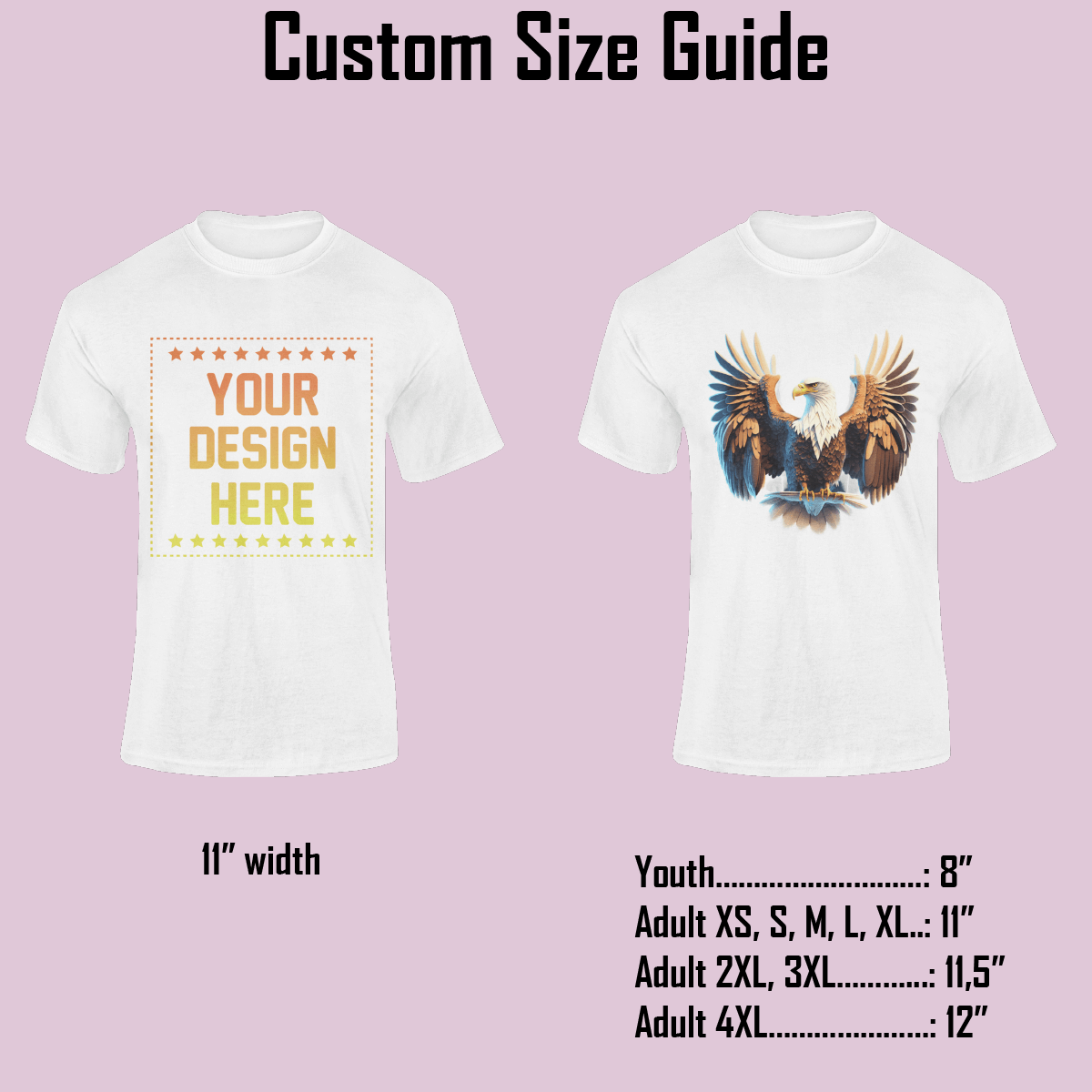 Custom size guide for t-shirts with design dimensions and width specifications.
