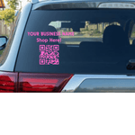 Custom vehicle decal featuring business name and QR code on rear window.