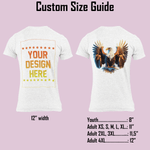 Custom size guide for t-shirts displaying back design options and size measurements.