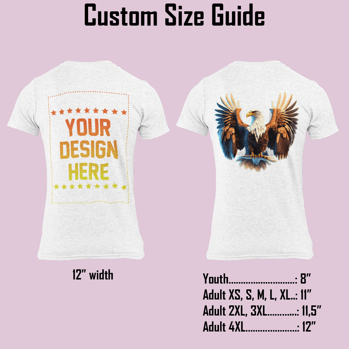 Custom size guide for t-shirts displaying back design options and size measurements.