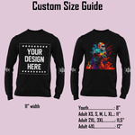 Custom size guide for long sleeve shirts showing measurements for youth and adult sizes.