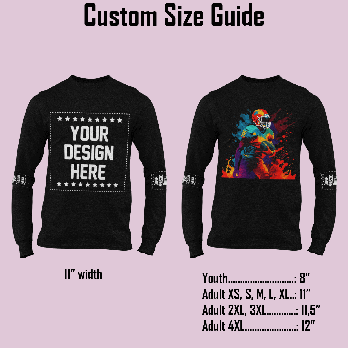 Custom size guide for long sleeve shirts showing measurements for youth and adult sizes.