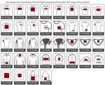 Sizing guide for Easy Transfer designs, showing various shirt and accessory dimensions in inches.