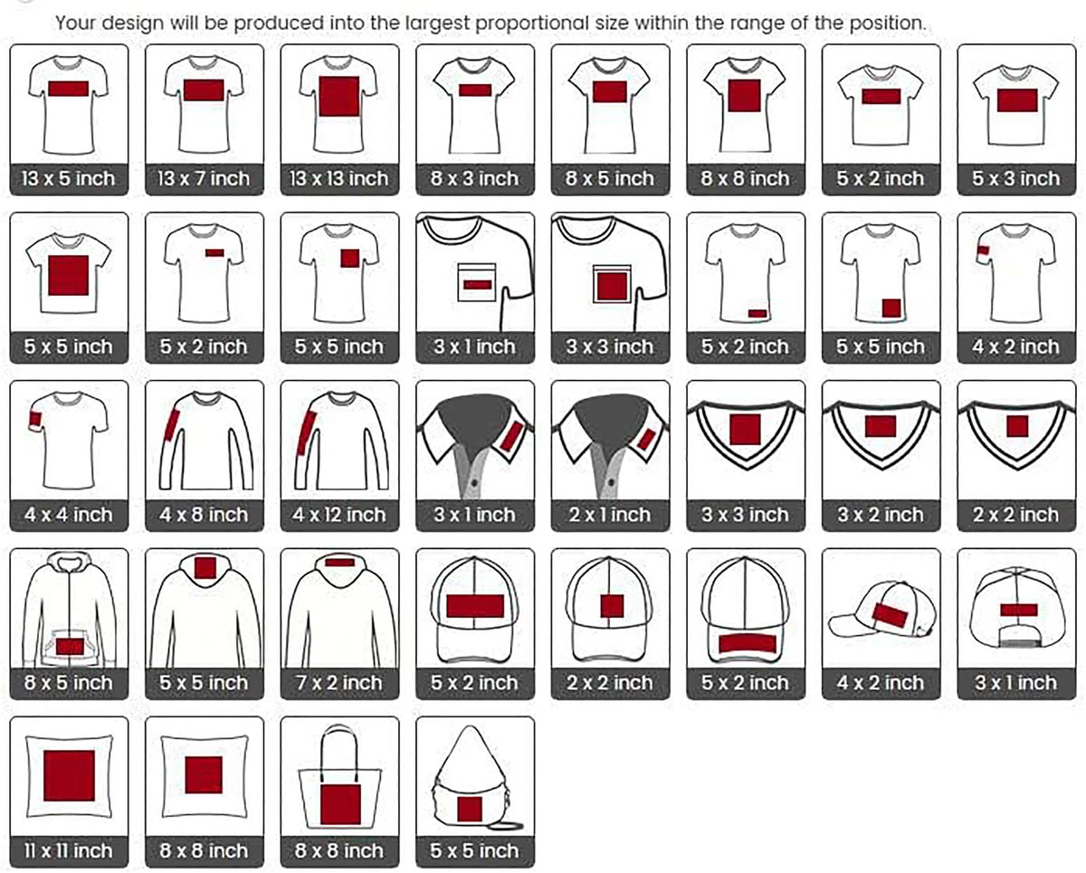 Sizing guide for Easy Transfer designs, showing various shirt and accessory dimensions in inches.