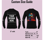 Custom size guide for long sleeve shirt design, featuring front and back views with detailed sizing information.
