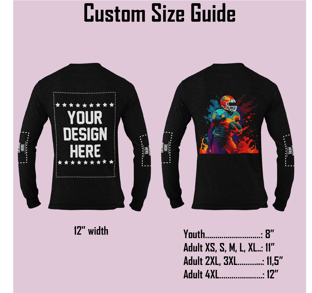 Custom size guide for long sleeve shirt design, featuring front and back views with detailed sizing information.