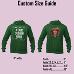 Custom size guide for hoodies showing width and measurements for youth and adult sizes.