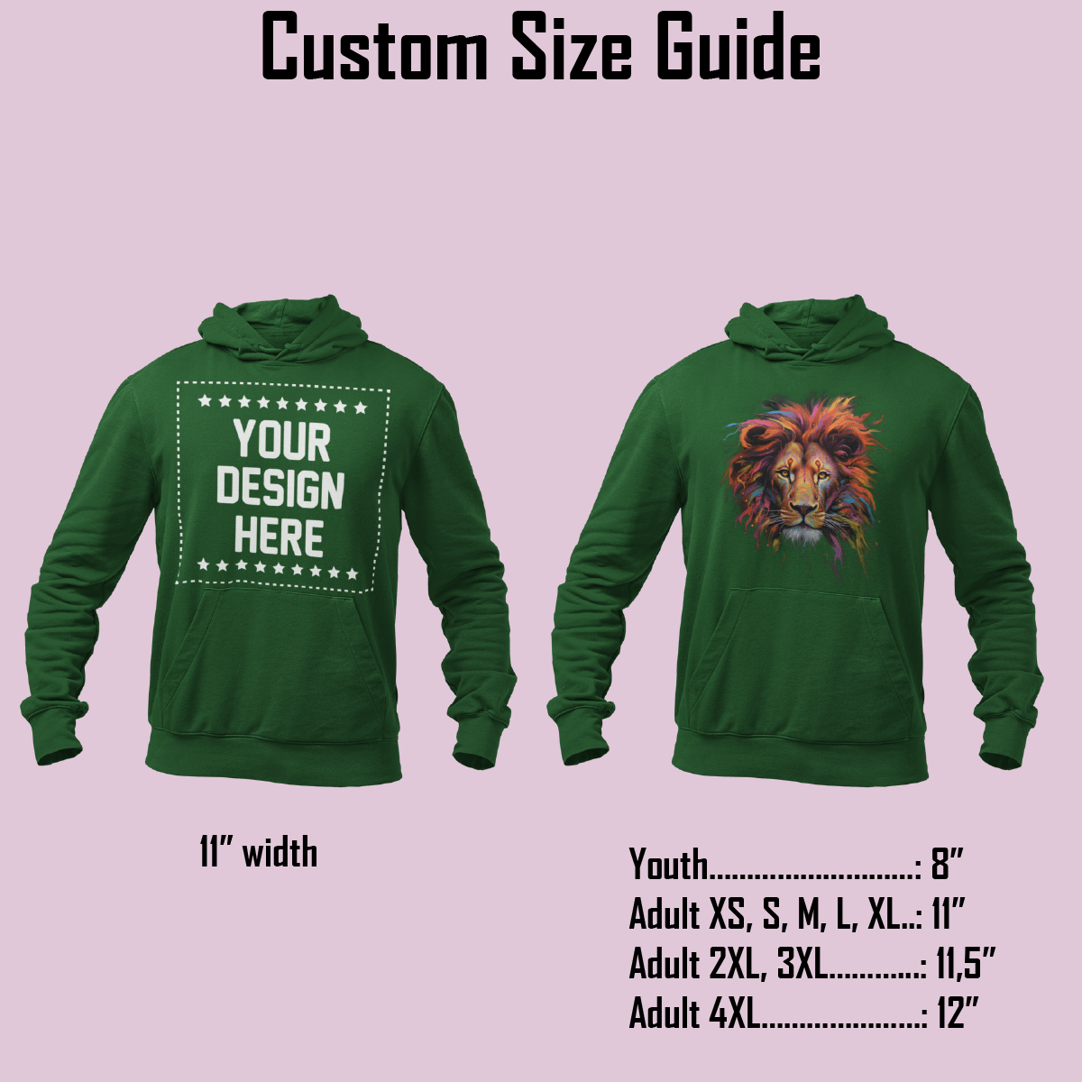 Custom size guide for hoodies showing width and measurements for youth and adult sizes.