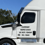 Custom vehicle decal showing company name, US DOT, and MC number on a truck for branding and identification.