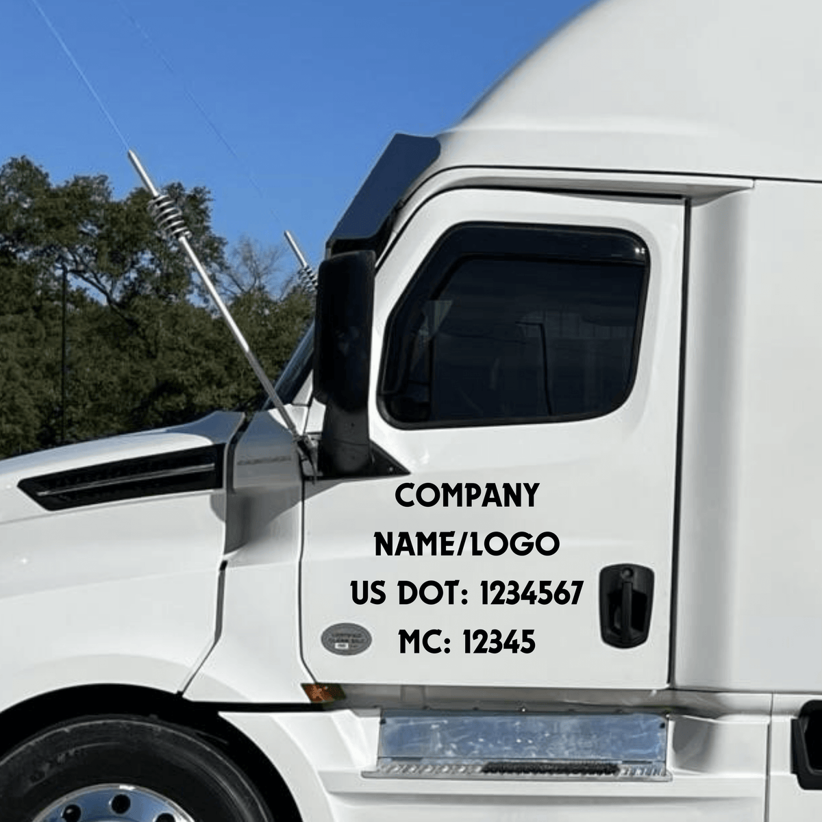 Custom vehicle decal showing company name, US DOT, and MC number on a truck for branding and identification.