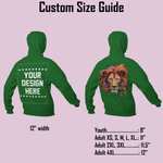 Custom size guide for green hoodie showcasing youth and adult dimensions for design placement.