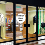 Storefront displaying clothing with a placeholder for company logo design.