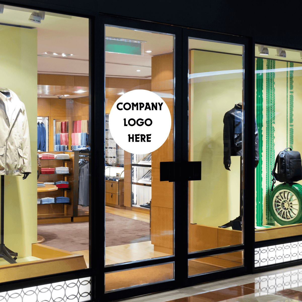 Storefront displaying clothing with a placeholder for company logo design.