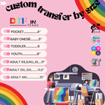 Custom transfer sizes chart for DTF in Texas, showing various sizes from pocket to adult 4XL.