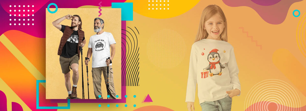 A promotional banner showing a child wearing a cream sweatshirt with a penguin graphic on the right, and a smaller inset photo of two adults wearing graphic t-shirts on the left, set against a colorful abstract background.