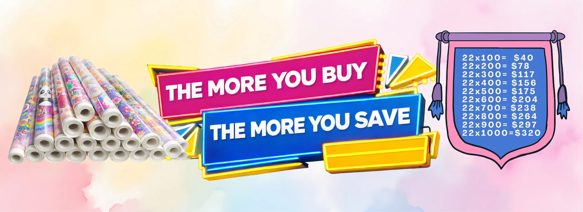 Promotional banner with rolls of paper and text about savings on purchases.