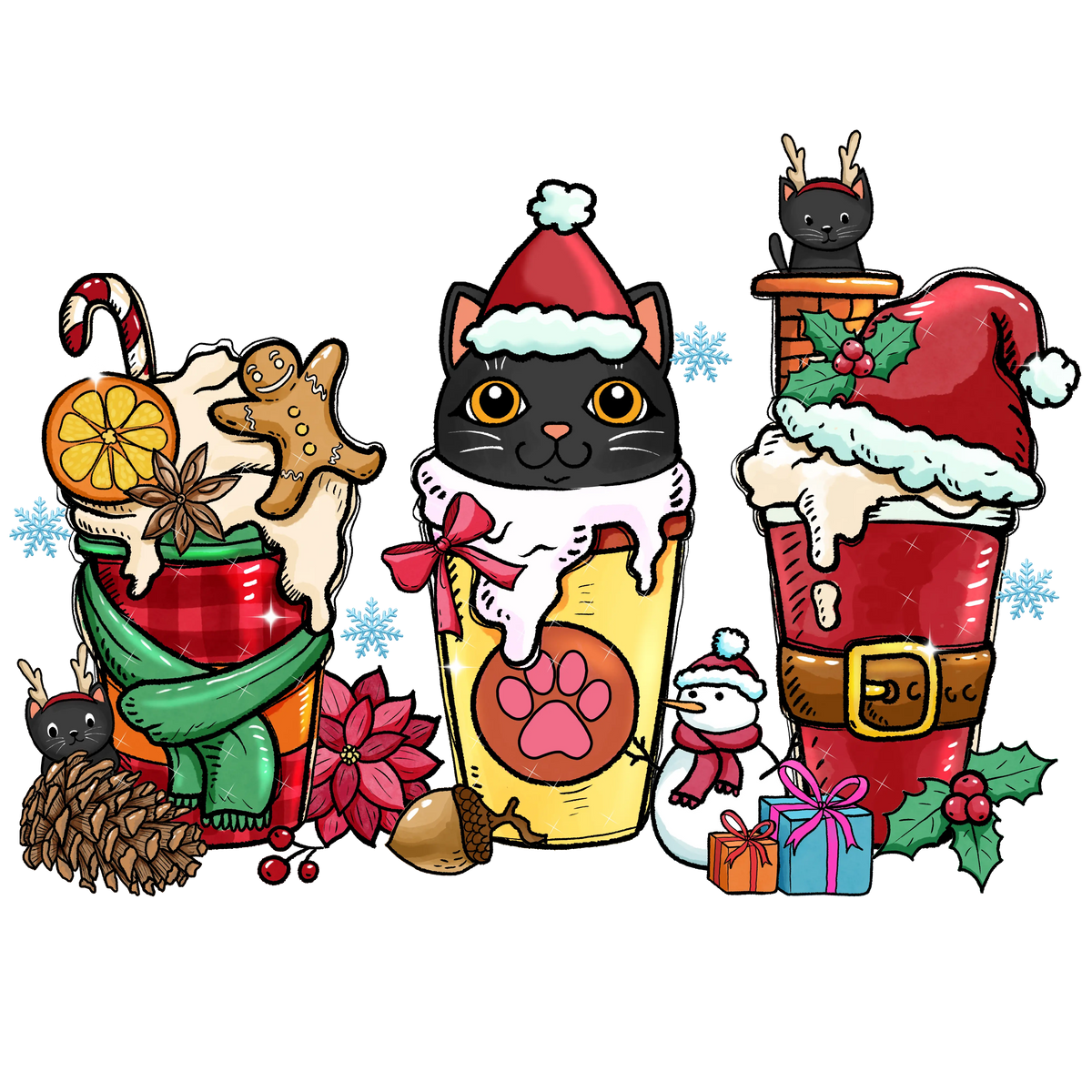 Noel  Cat And Coffe Christmas Holidays  Ready To Press Dtf Transfers dtfintexas