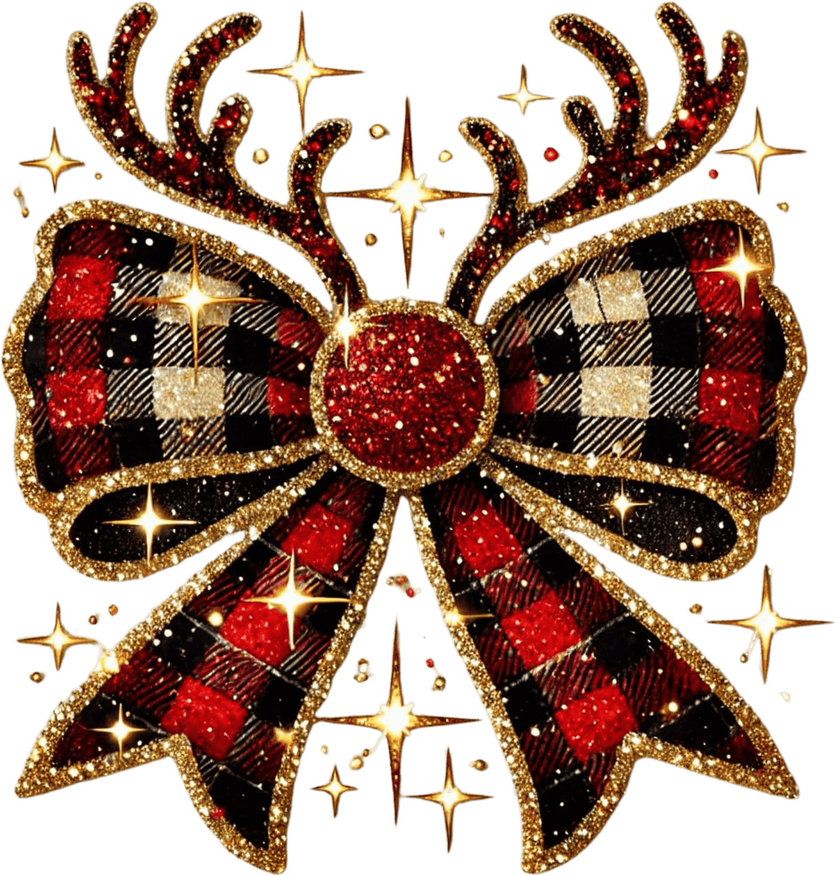 Glittery reindeer antlers and plaid bow design for Christmas holiday apparel decoration.